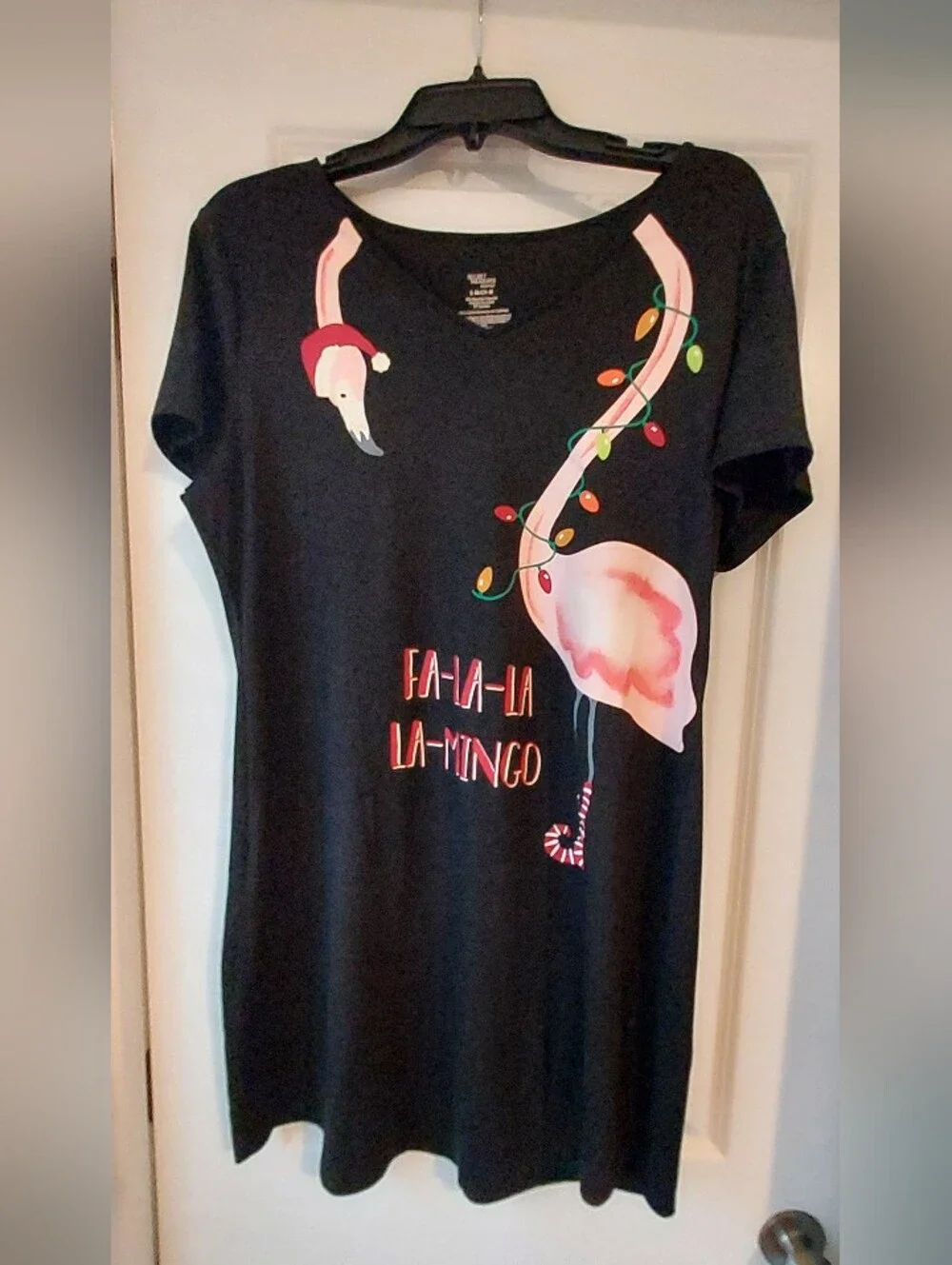 Pink Flamingo Black Nightgown Sleepshirt Loungewear Falala Holiday Lights S/M